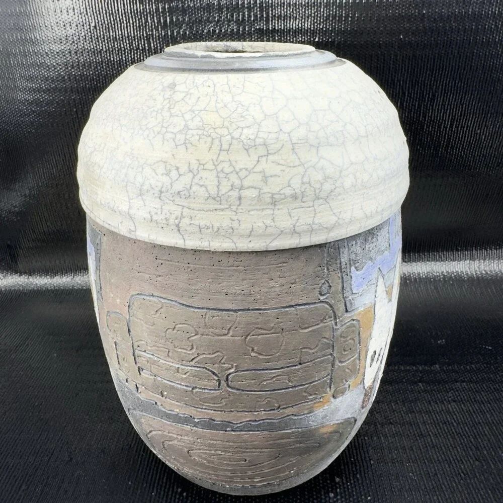 Vintage Hand Made Raku Pottery Large Vase Vessel Dog‎ Fish Couch Signed READ